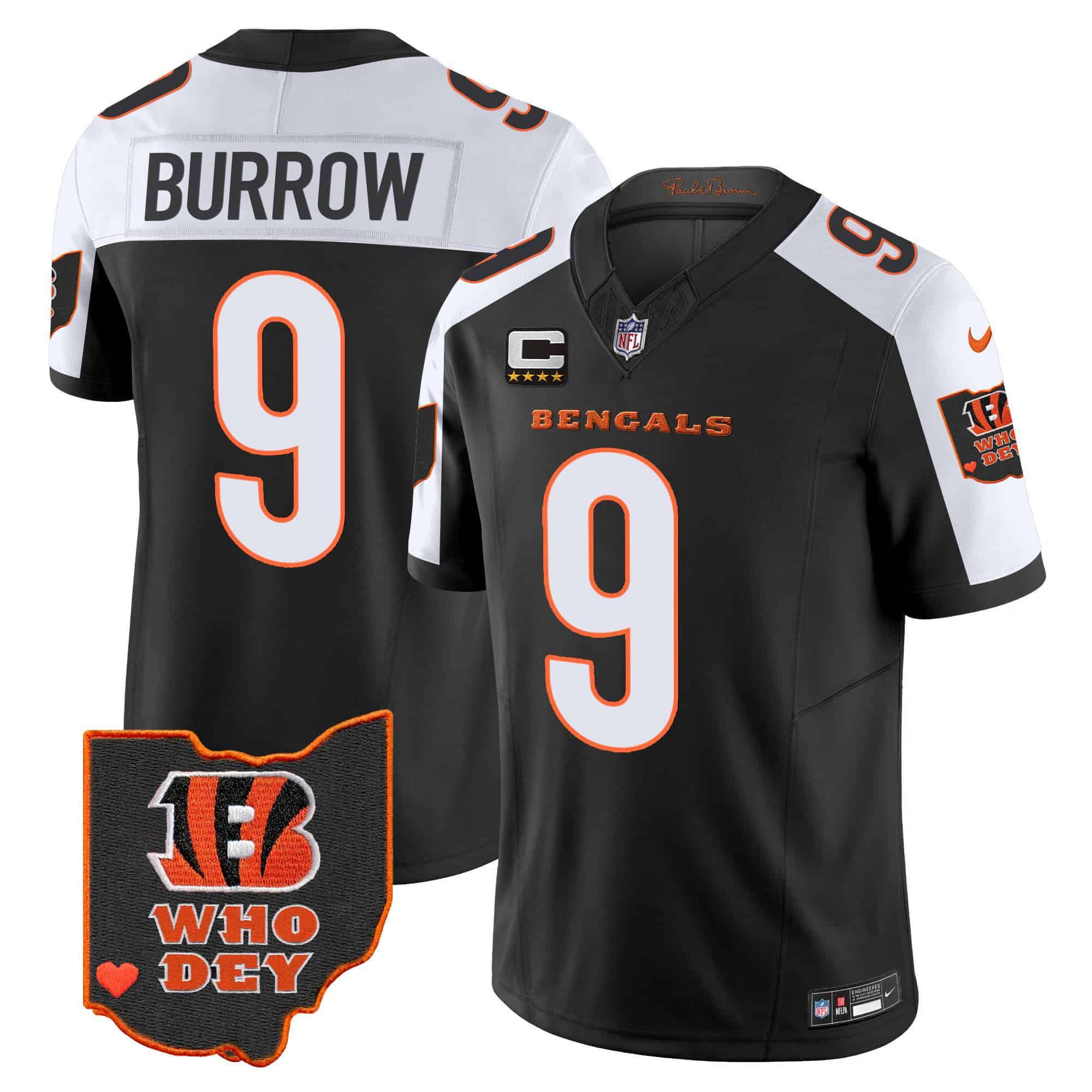 Men Cincinnati Bengals #9 Burrow Black 2024 Nike Patch Vapor Limited NFL Jersey